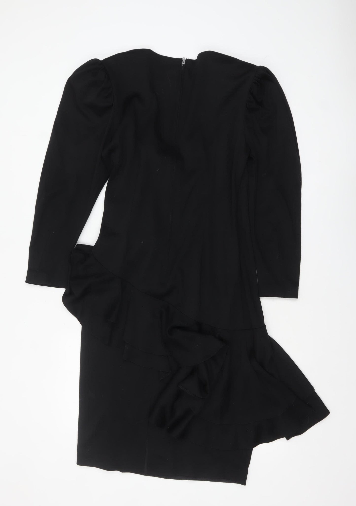 Helen Anderson Women’s Black Wool Wrap Dress Size 12 Long Sleeve Flower Detail
