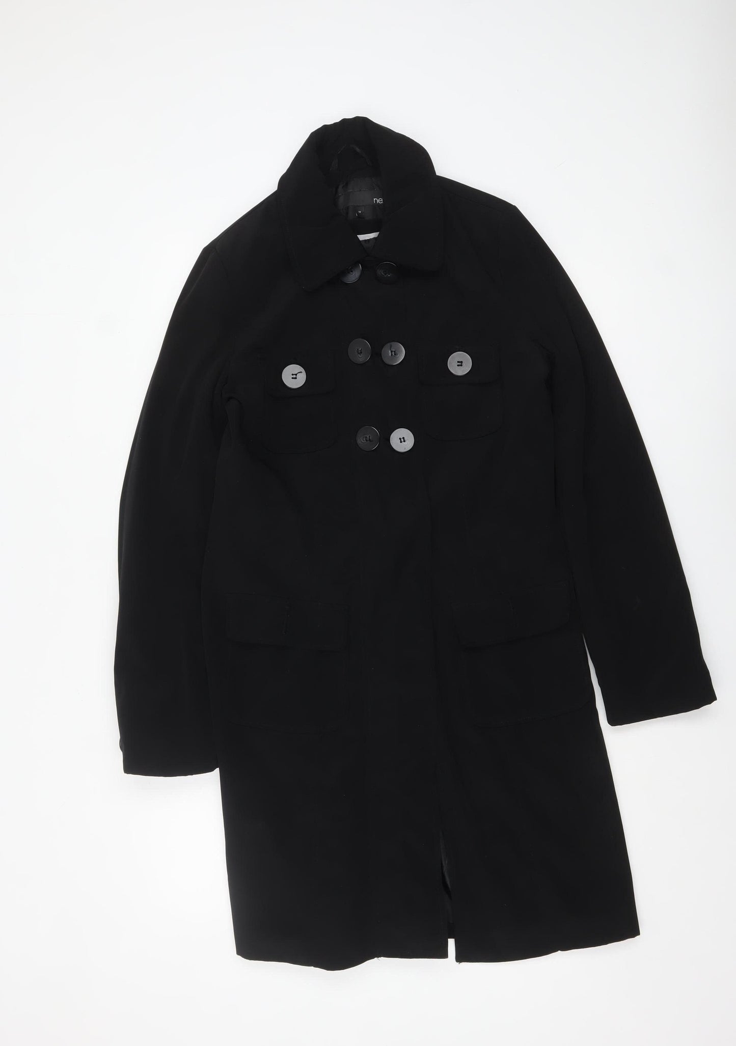 Next Women Black Long Trench Coat Size 10 Classic Buttoned Style