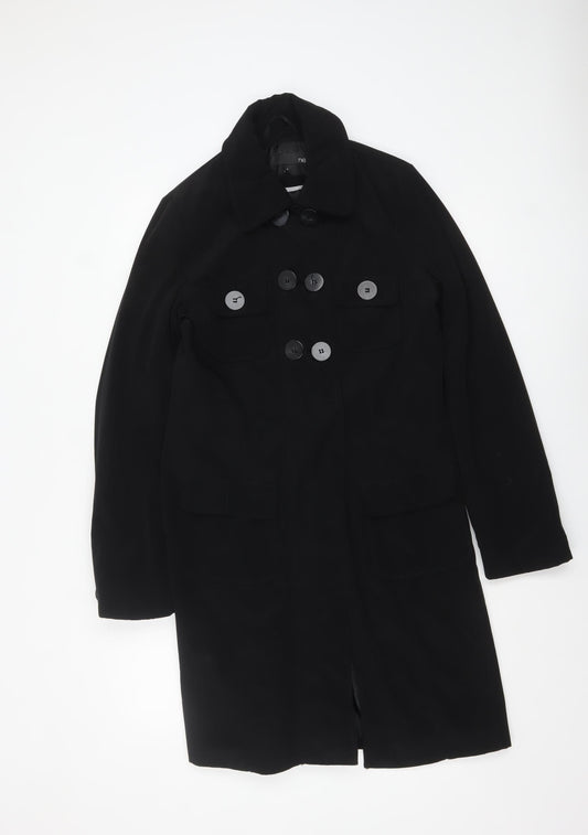 Next Women Black Long Trench Coat Size 10 Classic Buttoned Style