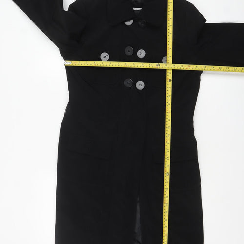 Next Women Black Long Trench Coat Size 10 Classic Buttoned Style