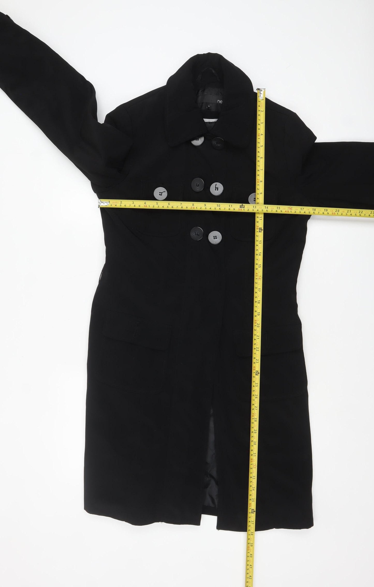 Next Women Black Long Trench Coat Size 10 Classic Buttoned Style
