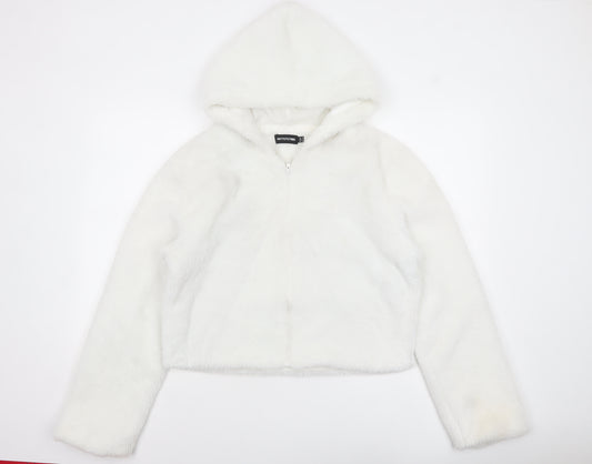 PrettyLittleThing Women White Faux Fur Full Zip Hoodie UK 10