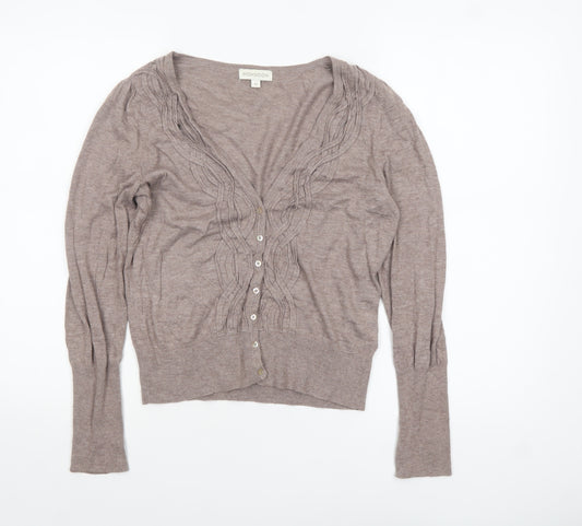 Monsoon Womens Beige V-Neck Cardigan Size 12 Knit Long Sleeve