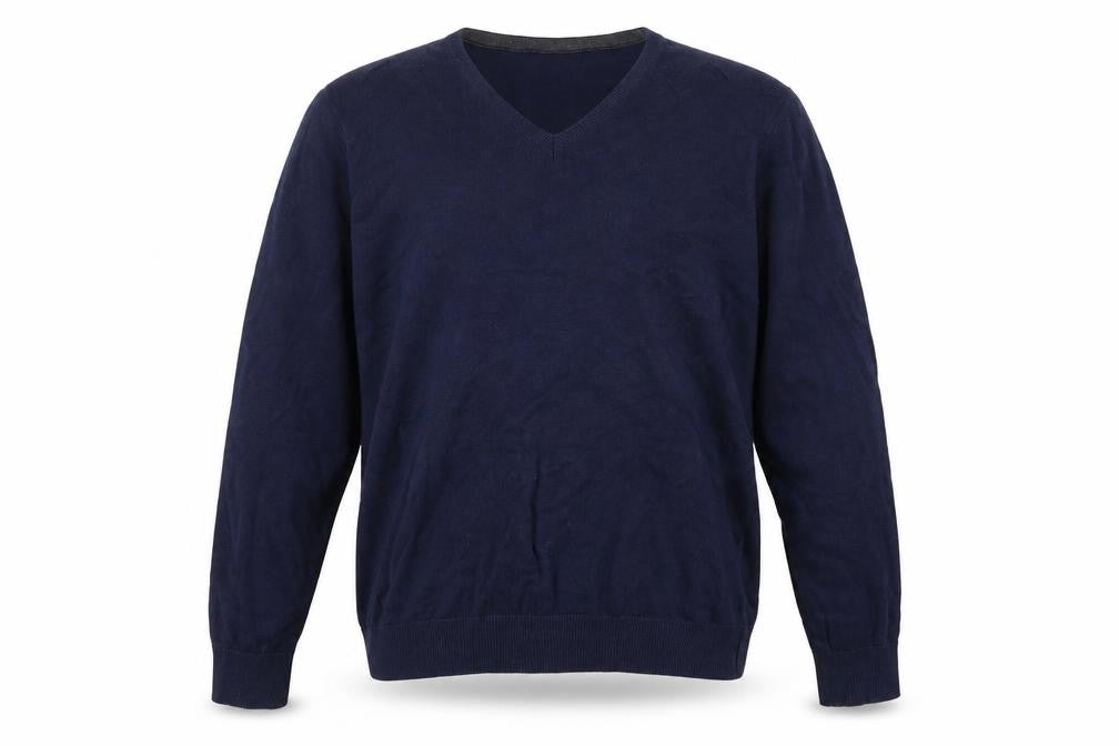 Front view of Haworth Men's Blue Cotton V-Neck Jumper, size L