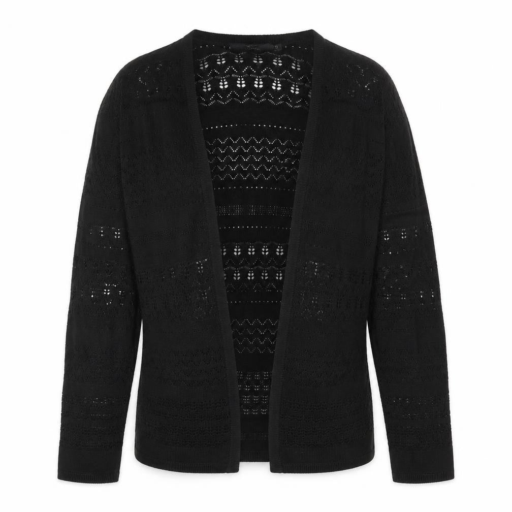 Front view of Isle Essentials Women's Black Open-Knit Cardigan, size S, 10-12