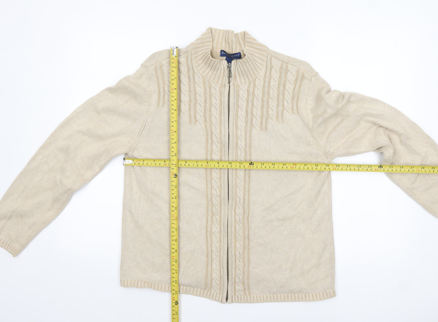 Karen Scott Women’s Beige Cotton Cable-Knit Full Zip Jumper L Petite