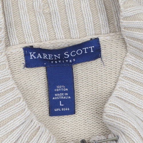 Karen Scott Women’s Beige Cotton Cable-Knit Full Zip Jumper L Petite