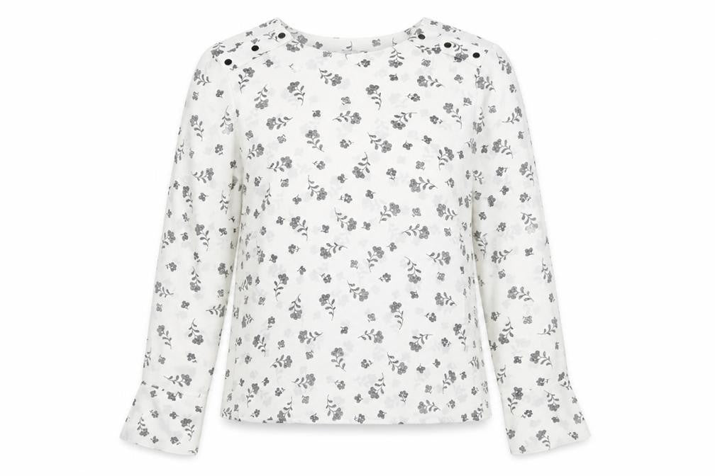 Front view of Warehouse Women’s White Floral Long Sleeve Polyester Blouse, size UK 8