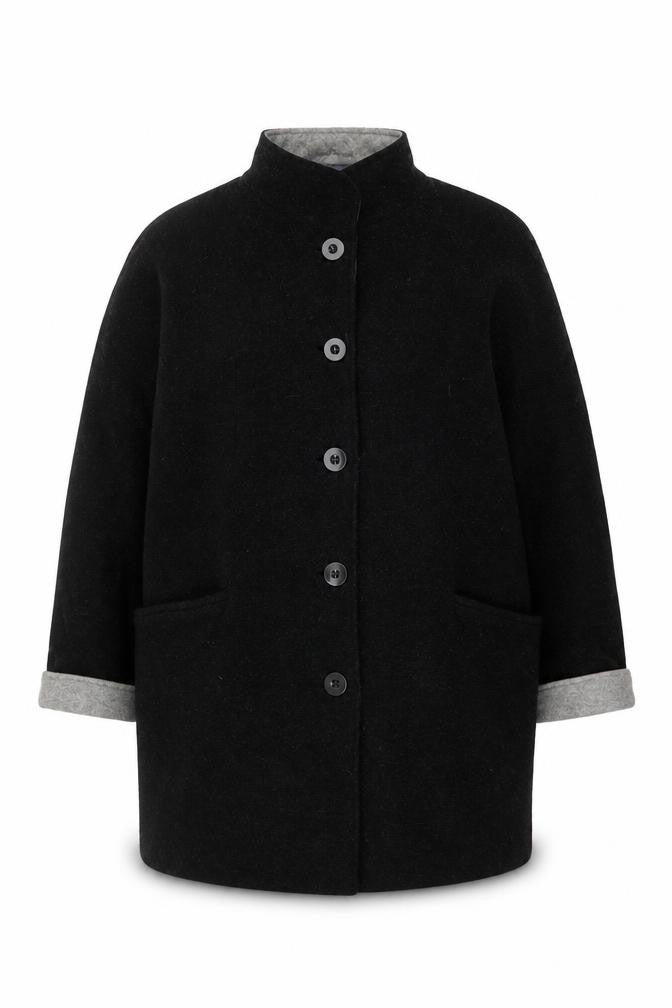 Front view of Autonomy Women's Black Wool Blend Overcoat, size 18, Lined Button Front