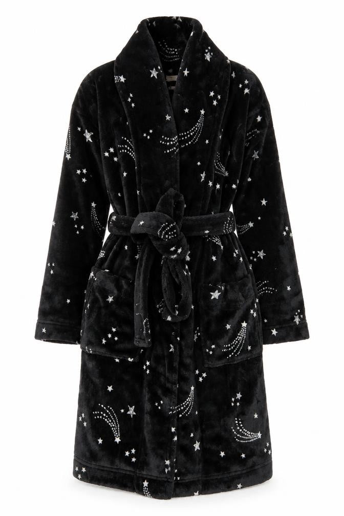 Monsoon Women’s Black Fleece Star Print Belted Winter Robe S
