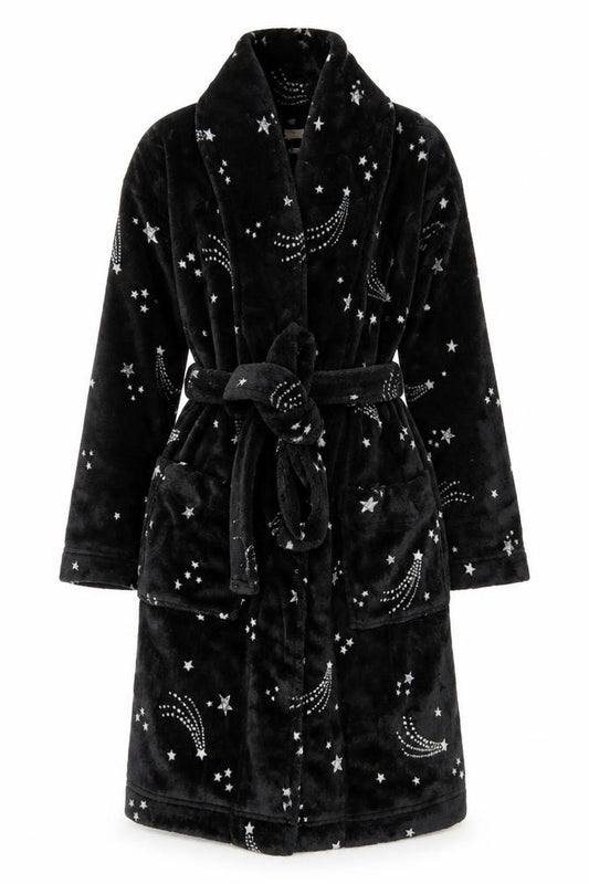 Monsoon Women’s Black Fleece Star Print Belted Winter Robe S