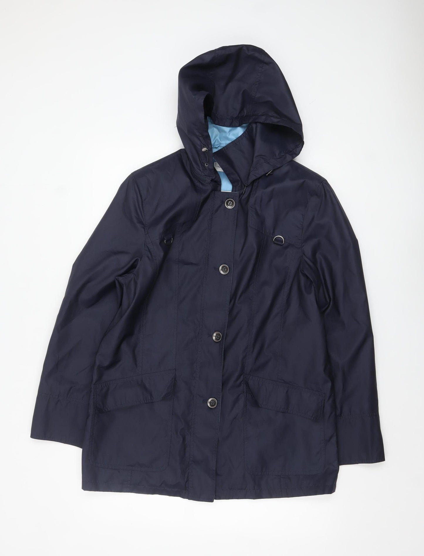 Peter Hahn Women's Blue Waterproof Hooded Mid-Length Rain Coat Size 16