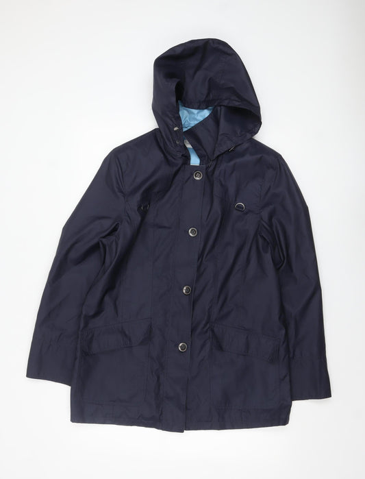 Peter Hahn Women's Blue Waterproof Hooded Mid-Length Rain Coat Size 16
