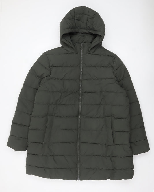 F&F Women's Green Long Puffer Coat Hooded L Winter Jacket