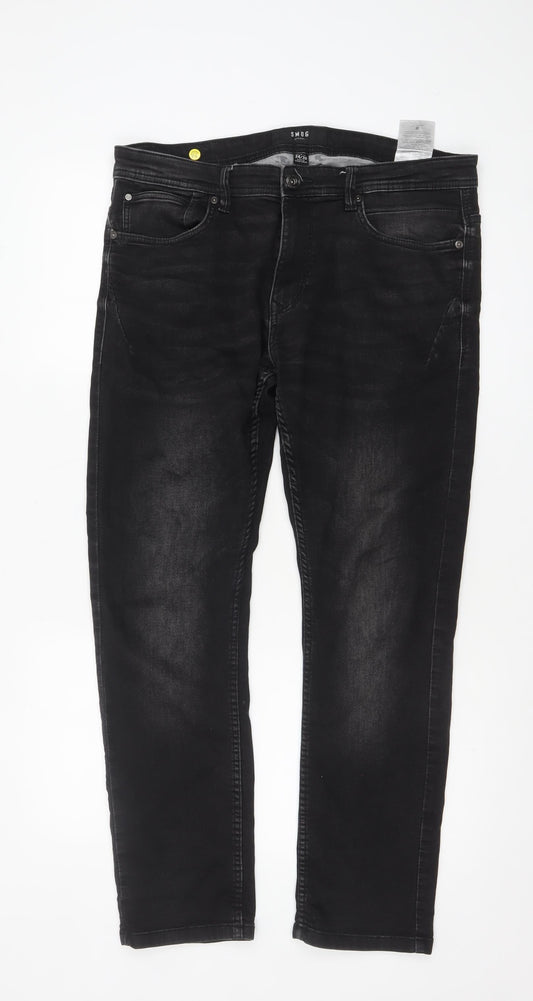 SMOG Men Black Slim Fit Denim Jeans 34W 30L Straight Style