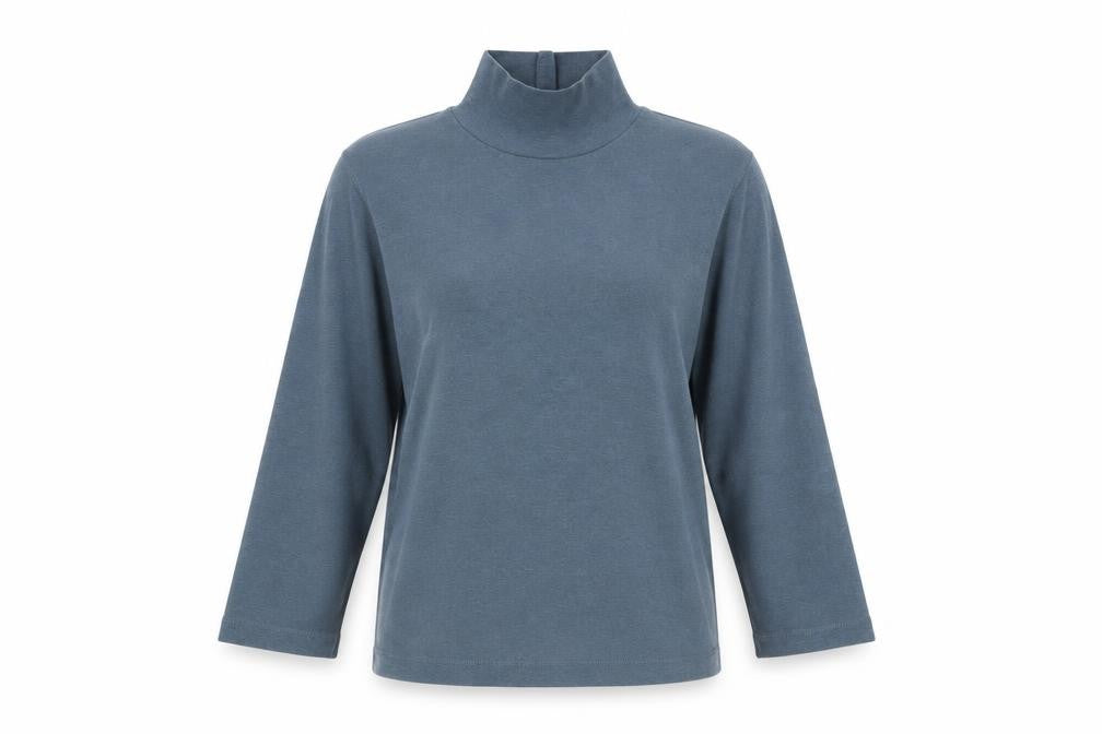 Front view of Lands' End Women's Blue Long Sleeve Roll Neck Cotton Top, size S