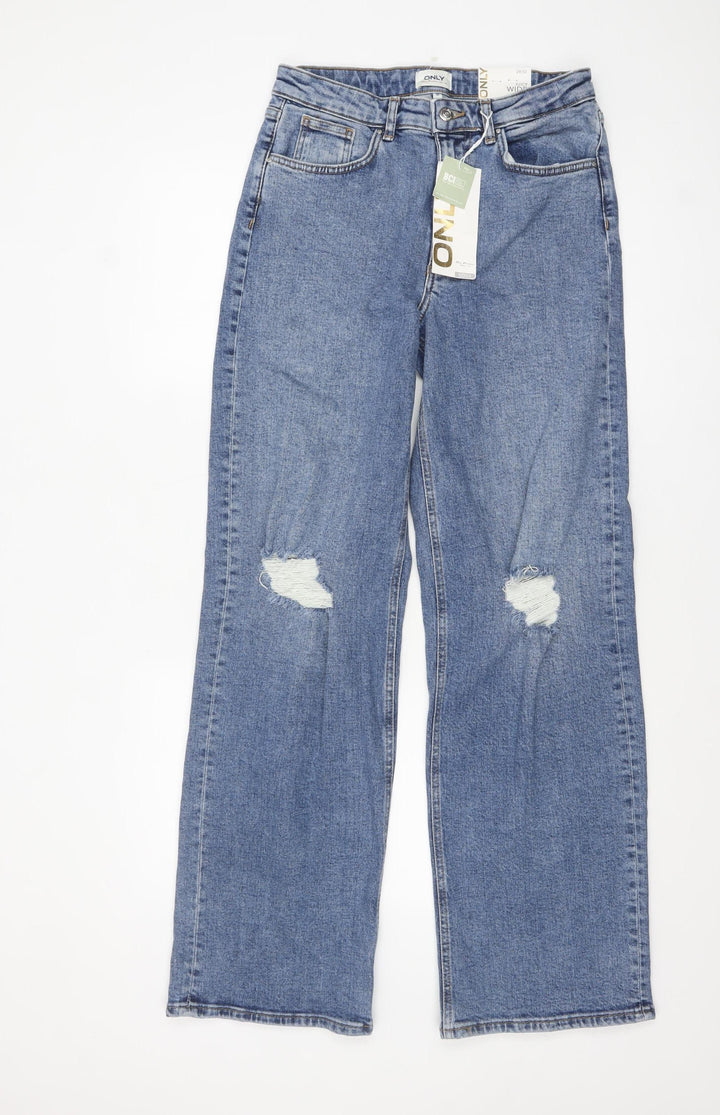 ONLY Women’s Blue Wide-Leg Distressed High-Rise Jeans Size 12