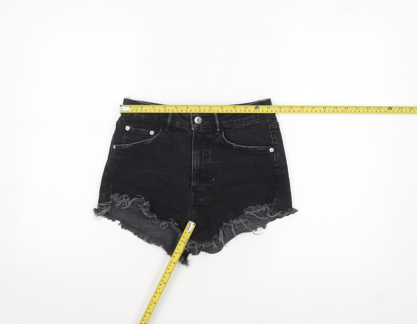 ZARA Women Black Denim Cut-Off High Rise Shorts Size 8
