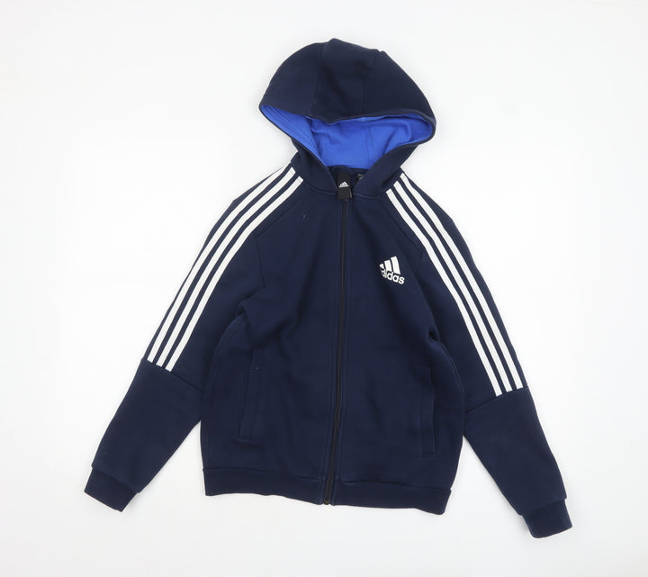 Adidas Boys Navy Blue Full Zip Hoodie 11-12 Years Cotton Blend