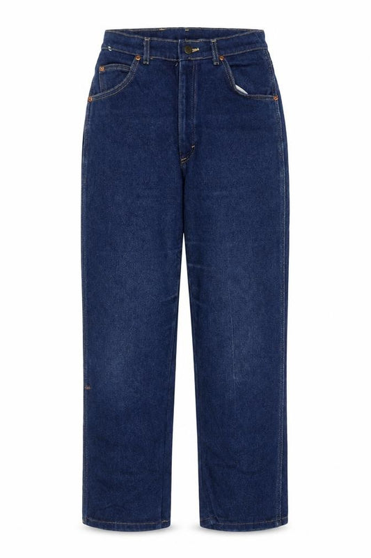 Front view of Lee women’s blue high rise straight leg denim jeans, size UK 12