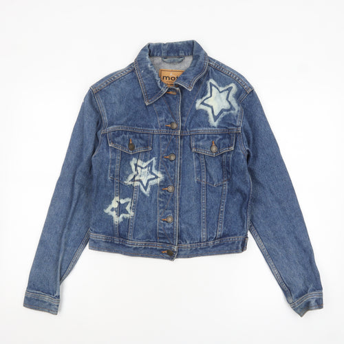 Moto Womens Blue Cropped Denim Jacket Small Star Print Vintage Style