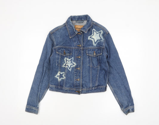 Moto Womens Blue Cropped Denim Jacket Small Star Print Vintage Style
