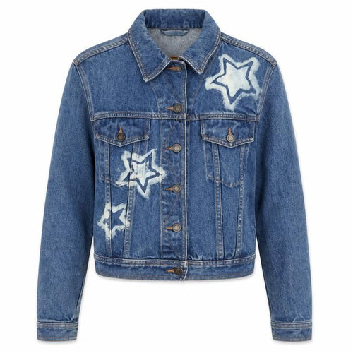 Moto Womens Blue Cropped Denim Jacket Small Star Print Vintage Style