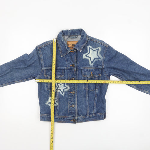 Moto Womens Blue Cropped Denim Jacket Small Star Print Vintage Style