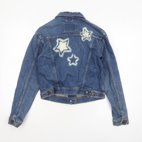 Moto Womens Blue Cropped Denim Jacket Small Star Print Vintage Style