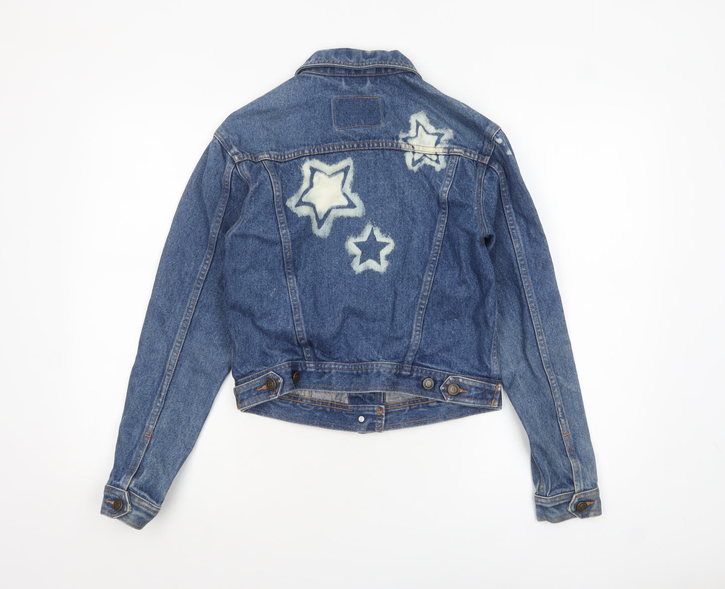 Moto Womens Blue Cropped Denim Jacket Small Star Print Vintage Style