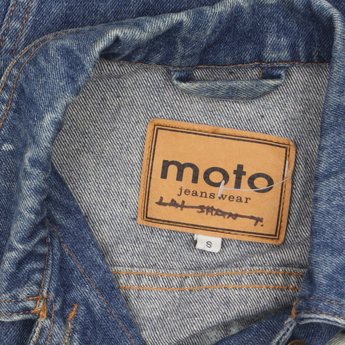 Moto Womens Blue Cropped Denim Jacket Small Star Print Vintage Style