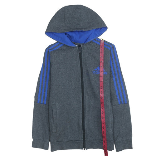 Adidas Boys Grey Blue Full Zip Hoodie 13-14 Years Fleece Lined Sportswear