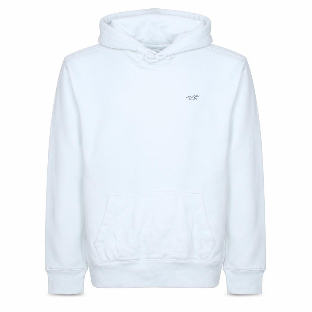 Hollister Men’s White Pullover Hoodie L Logo Fleece Sweatshirt