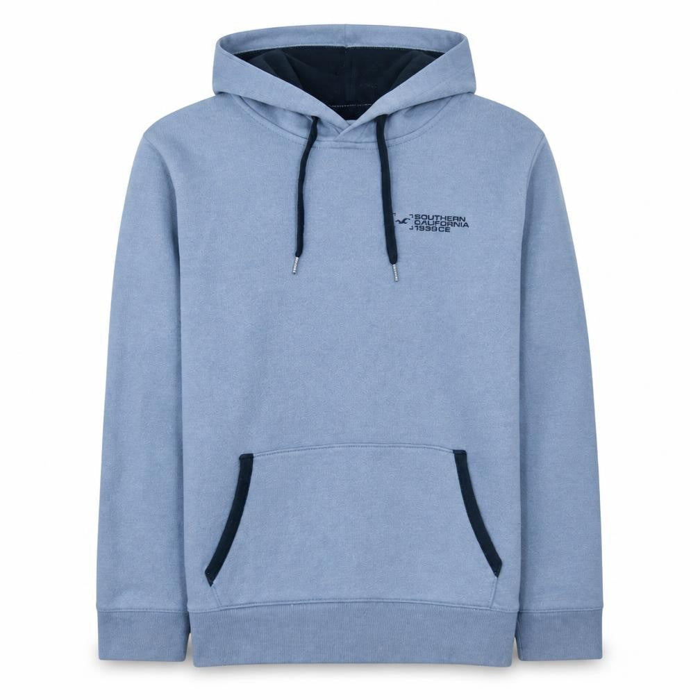 Front view of Hollister Men Blue Pullover Hoodie M Logo Cotton Blend Casual