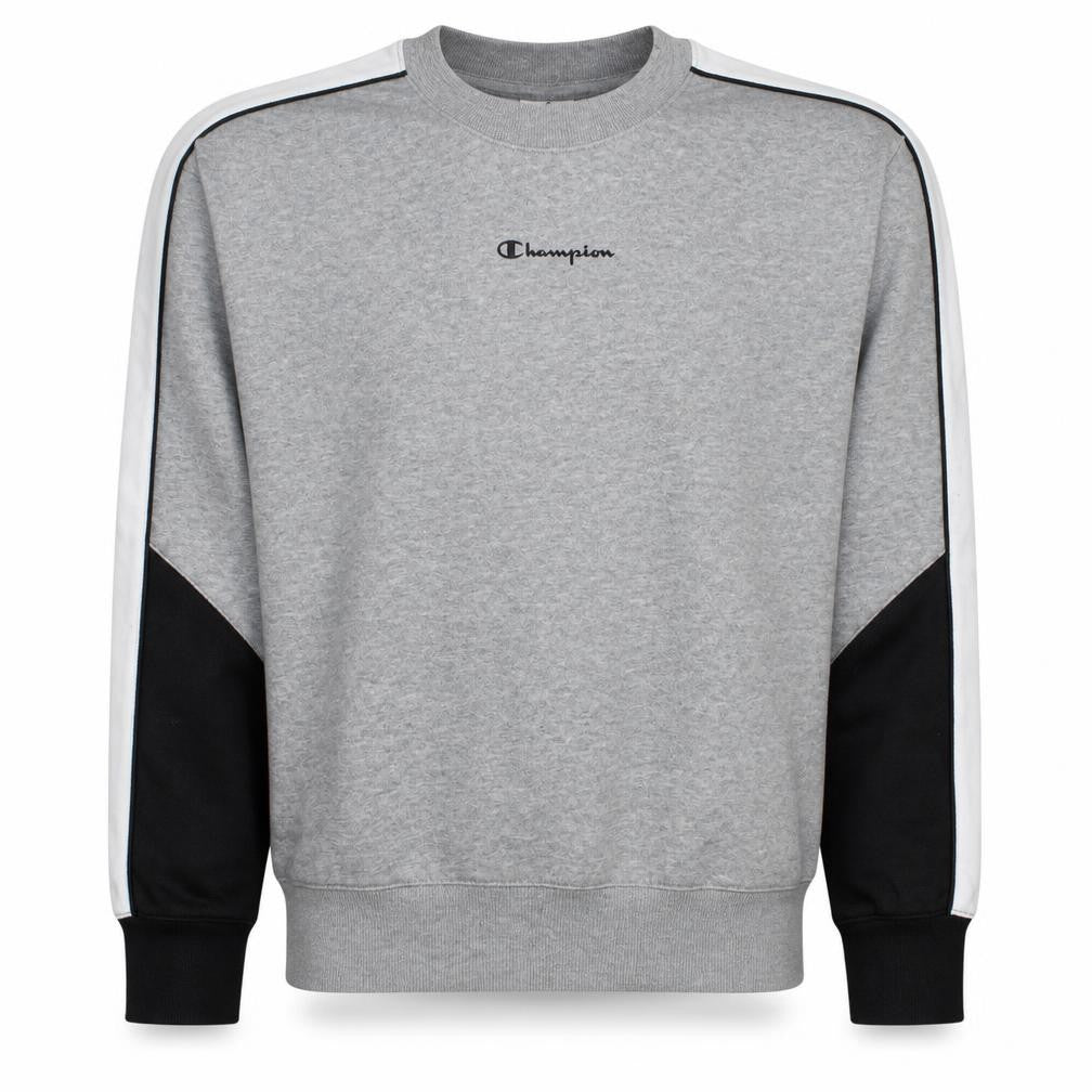 Front view of Champion Men's Grey Crew Neck Pullover Sweatshirt, size M