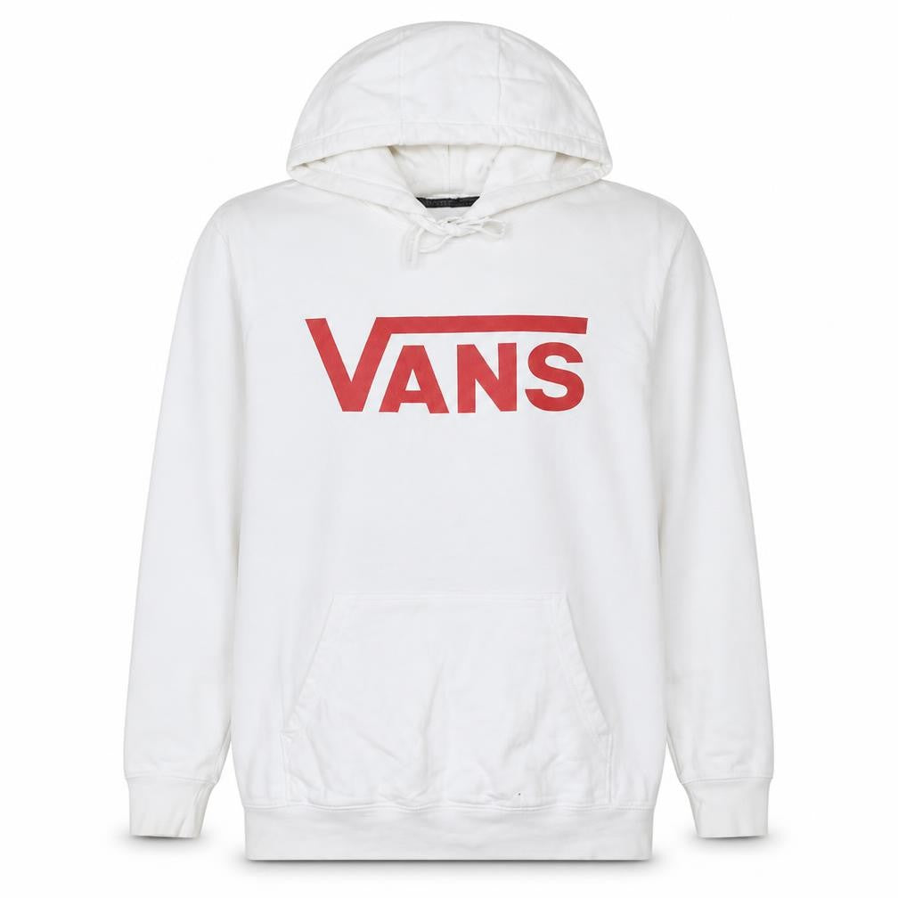 Front view of Vans men’s white pullover hoodie medium fleece logo skate style