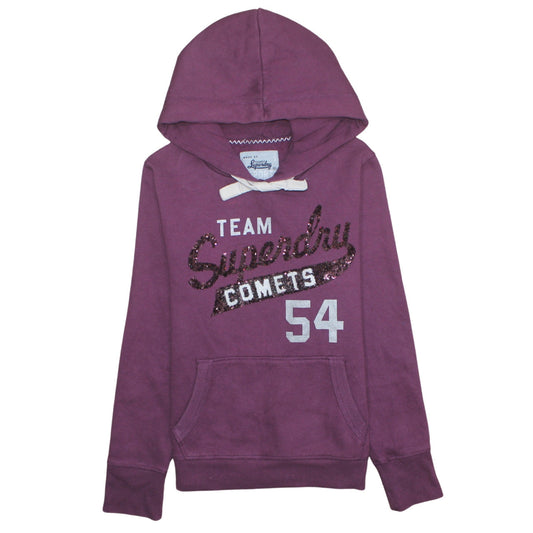 Superdry Women Purple Sequin Logo Pullover Hoodie L All Seasons