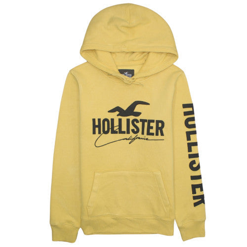 Hollister Men's Yellow Pullover Hoodie Size M Graphic Logo Fleece