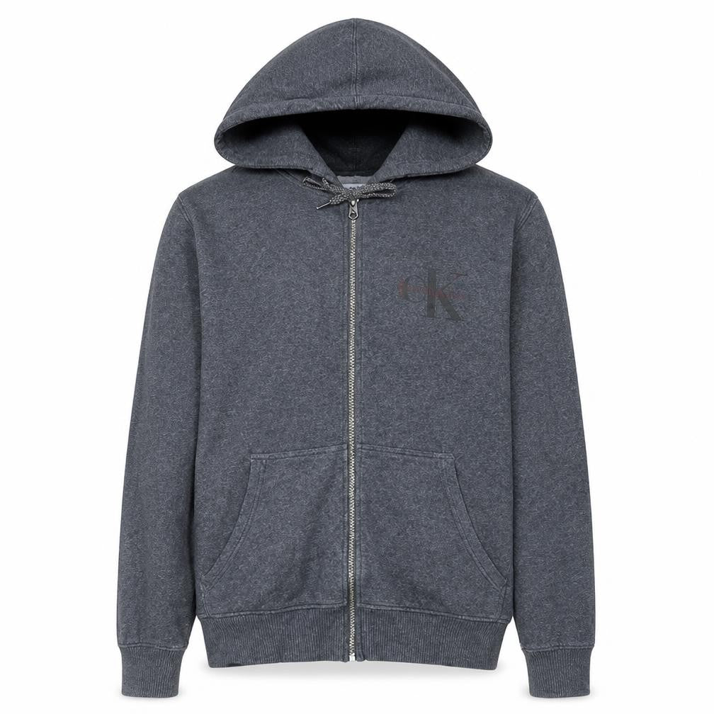 Front view of Calvin Klein Jeans Men's Grey Full Zip Hoodie, size M