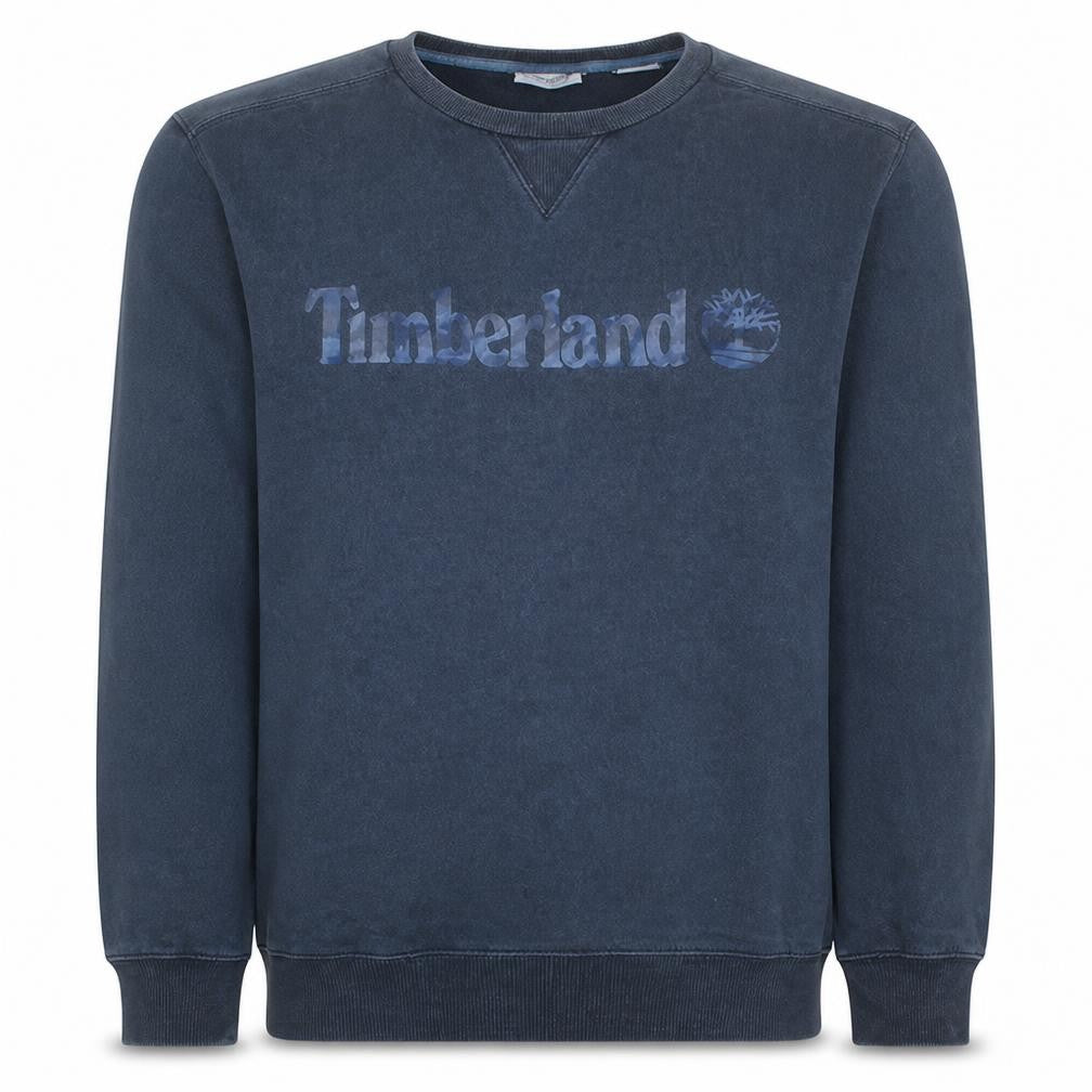 Front view of Timberland men’s navy blue crew neck sweatshirt, size L, cotton blend