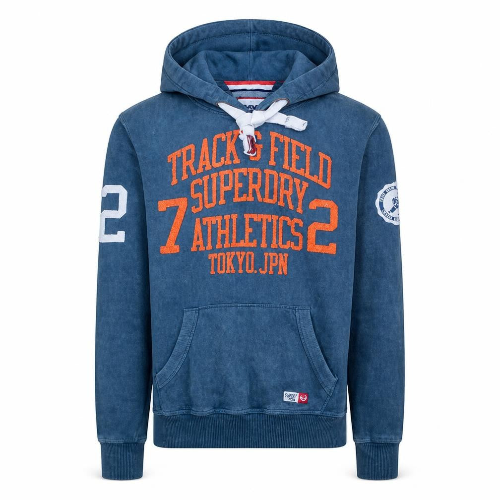 Front view of Superdry Men's Blue Pullover Hoodie S Track & Field Graphic Fleece