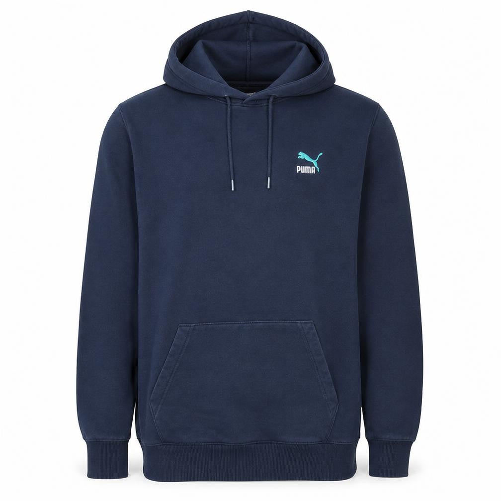 Front view of Puma Men's Blue Pullover Hoodie Medium Fleece Sweatshirt