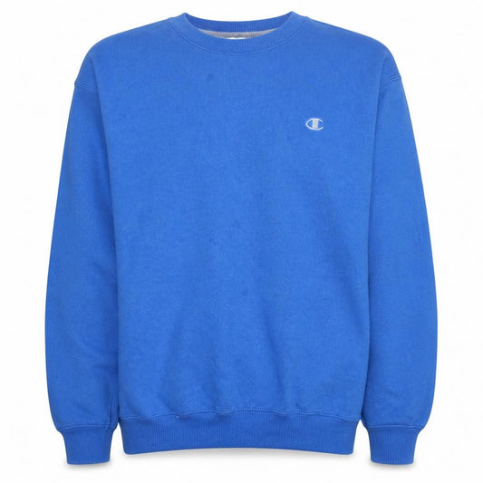 Front view of Champion Men's Blue Crew Neck Pullover Sweatshirt, size L
