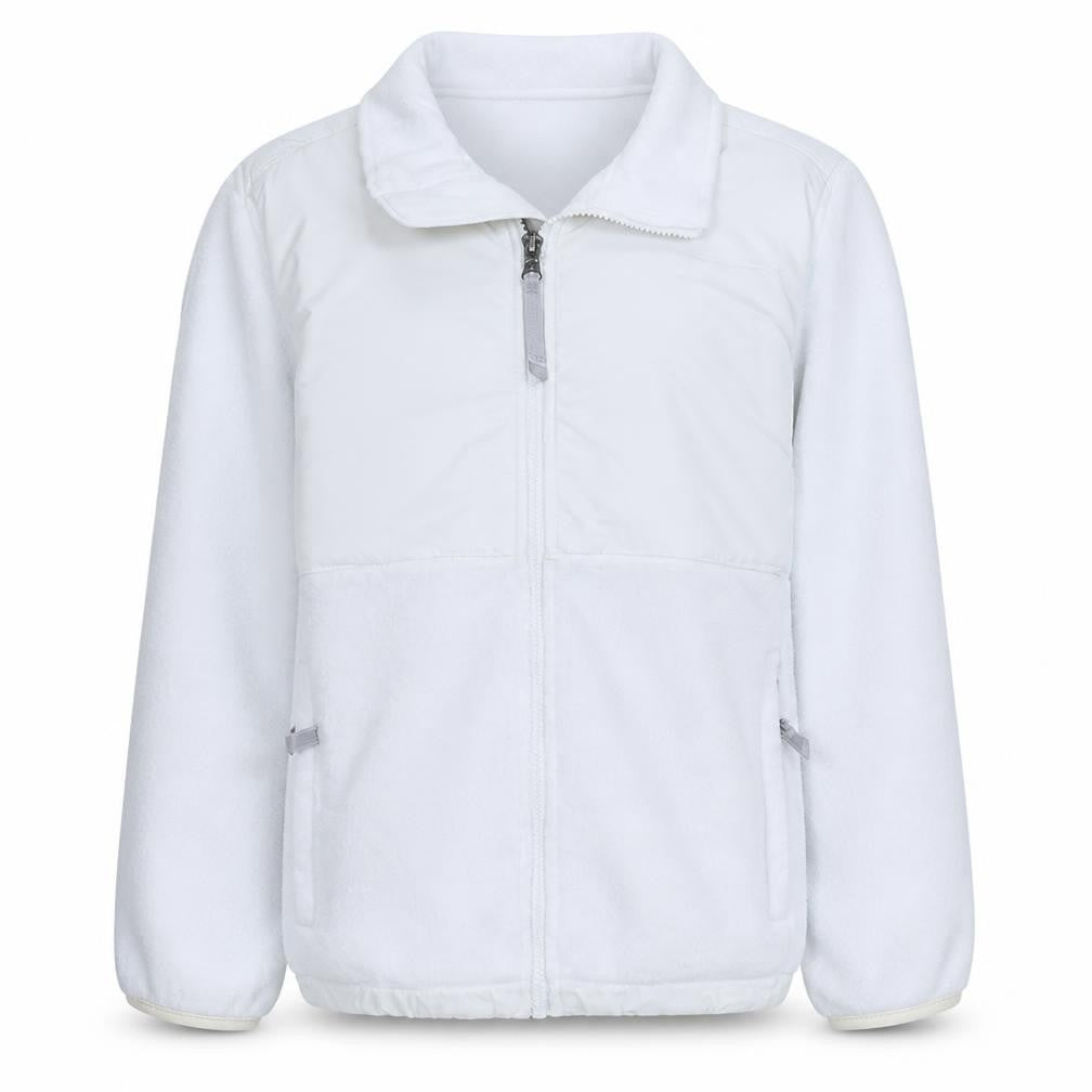 Front view of The North Face girls’ white fleece full zip jacket, size L