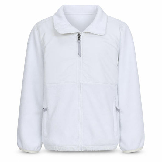 Front view of The North Face girls’ white fleece full zip jacket, size L