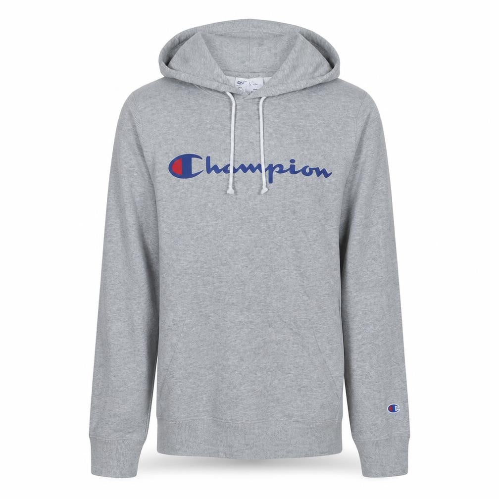 Front view of Champion Men's Grey Pullover Hoodie, size S, Regular Fit