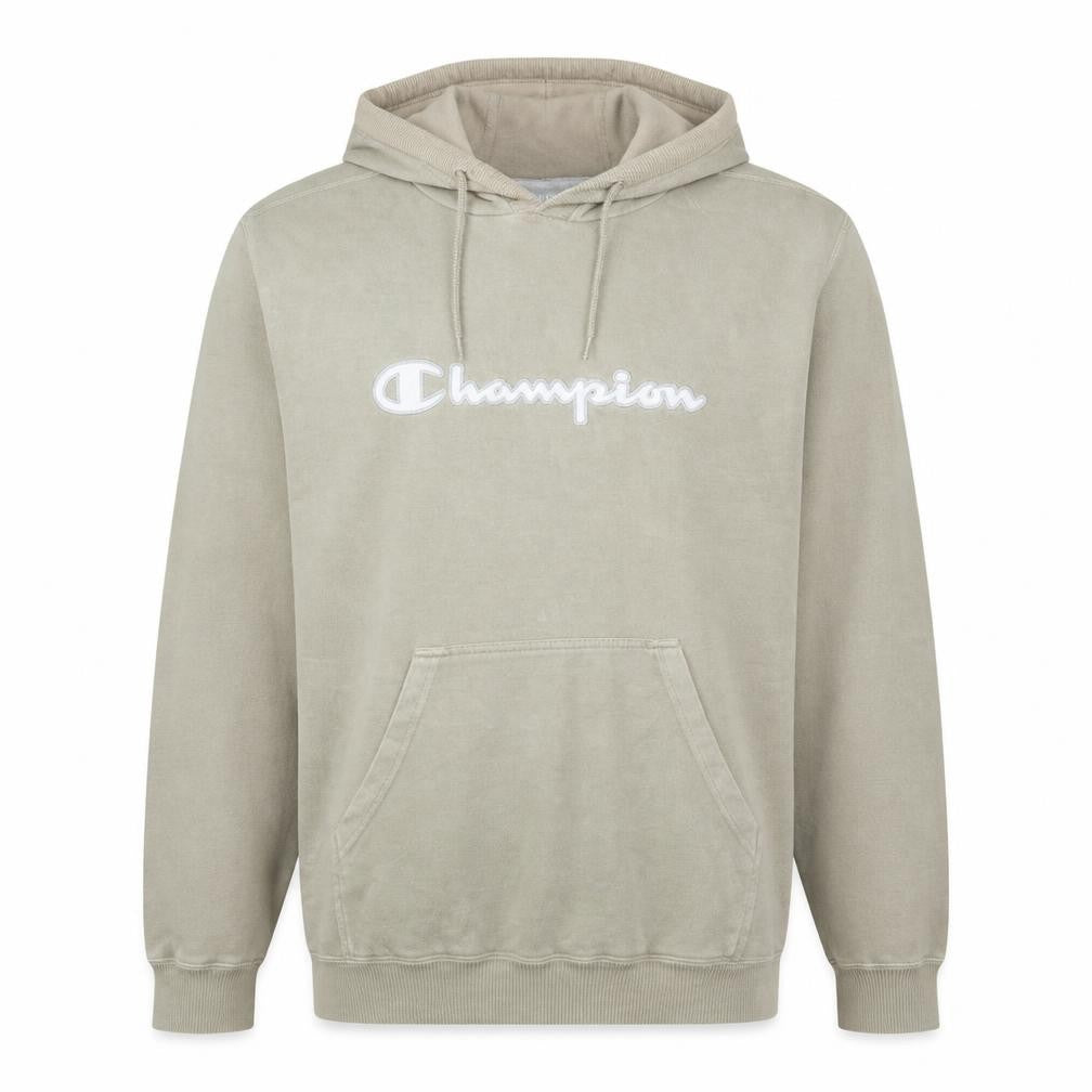Front view of Champion Men's Beige XL Pullover Hoodie Embroidered Logo