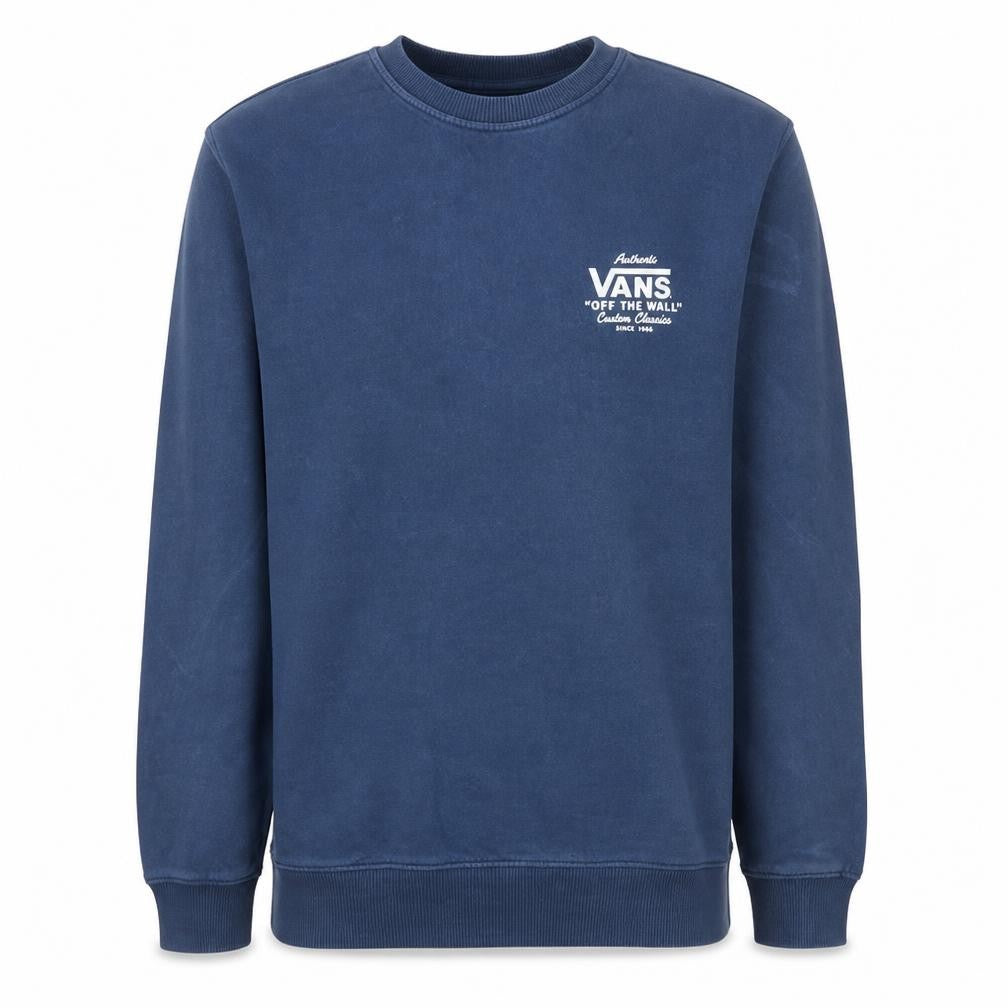 Front view of Vans men’s blue pullover sweatshirt small crew neck classic logo