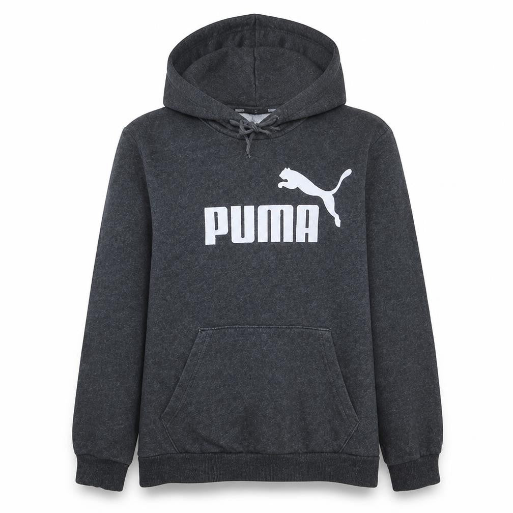 Front view of Puma Men's Grey Pullover Hoodie, size S, Fleece Graphic Sweatshirt