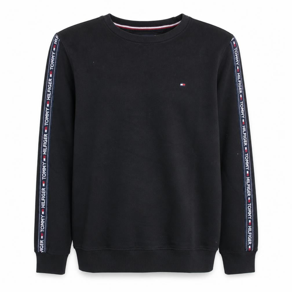 Front view of Tommy Hilfiger Men's Black Logo Tape Crew Neck Sweatshirt M